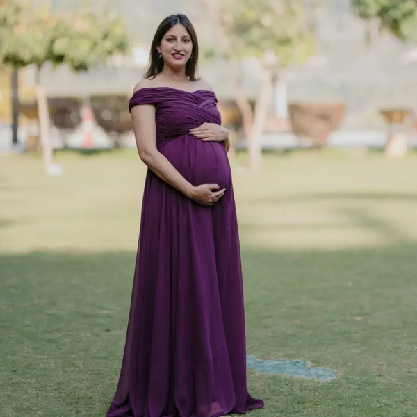 Plum Layered Ruched Off-Shoulder Maternity Gown