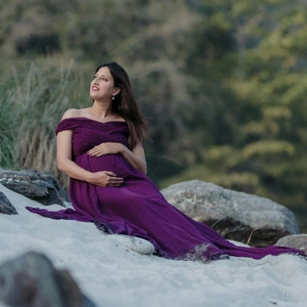 Plum Layered Ruched Off-Shoulder Maternity Gown