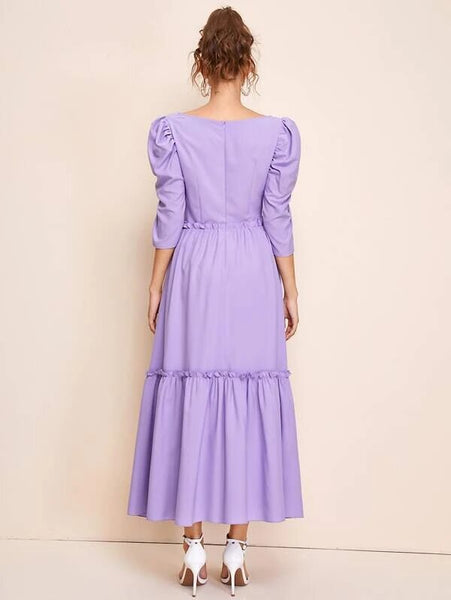 Lavender Square Neck Gigot Sleeve Frill Detail Flare Dress