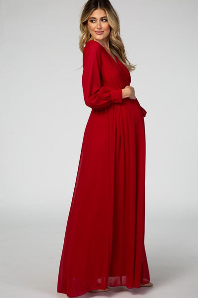 Red/Purple Long Sleeve Pleated Maternity Maxi Dress