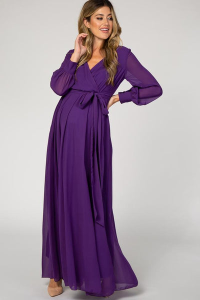 Red/Purple Long Sleeve Pleated Maternity Maxi Dress