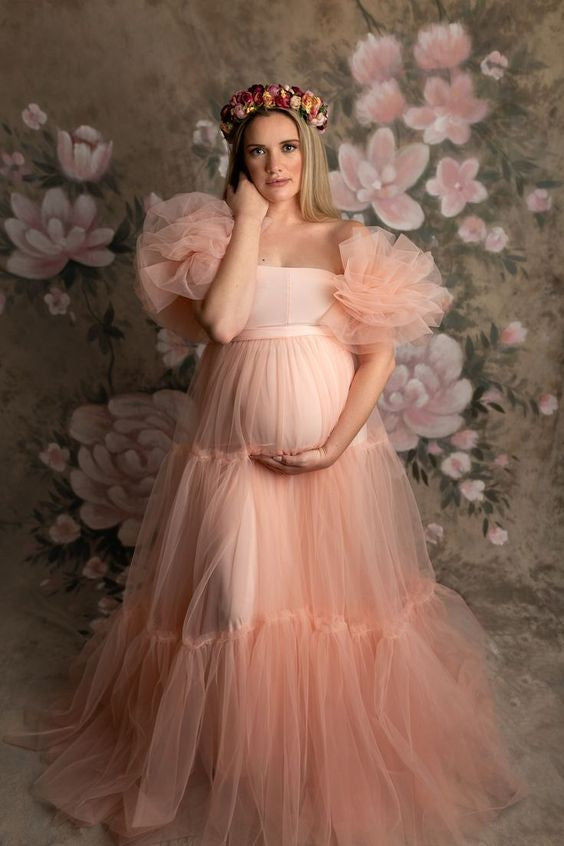 Peach Net Ruffled Maternity Gown
