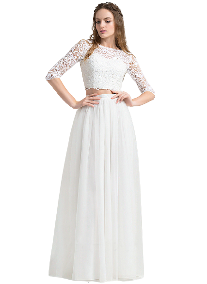 White Lace Full Sleeves Crop Top With Flared Skirt Set