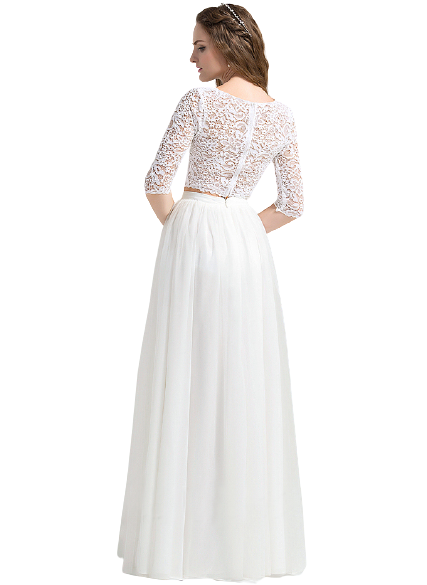 White Lace Full Sleeves Crop Top With Flared Skirt Set