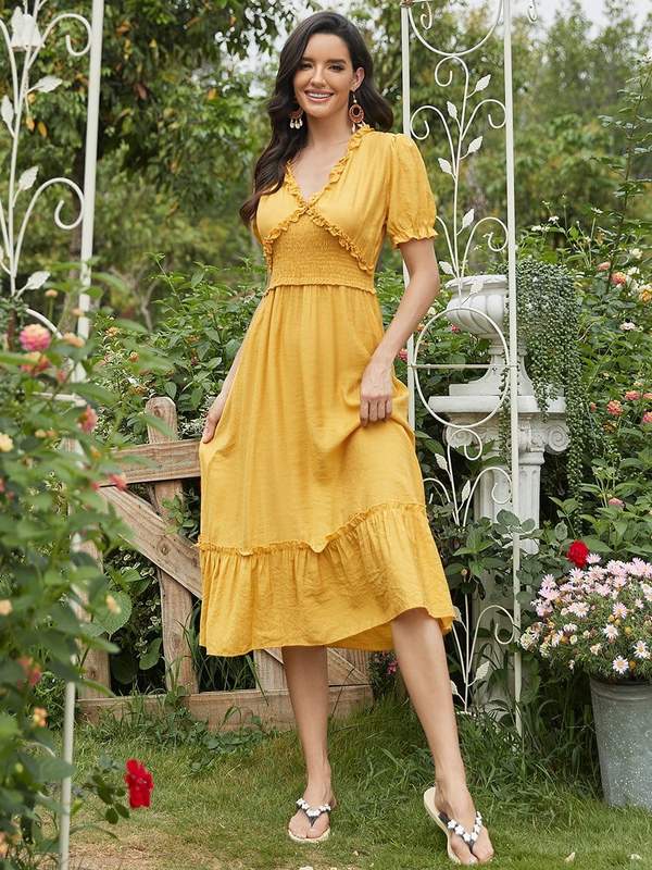 casual dress yellow Mustard Short Sleeve V-Neck Midi Summer – ShObO silk kaftan and a beautiful print Black2pieceset@Marshalls GoldBoots@stevemadden #fashion #fashionstyle Color:Light Green