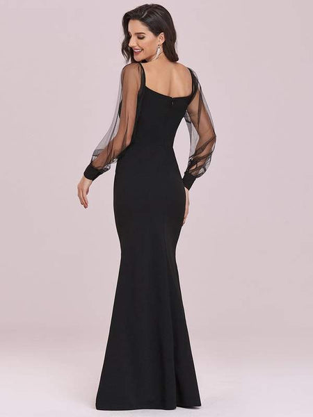 Black Long Sheer Lantern Sleeve Mermaid Maxi Evening Dress