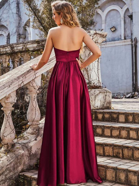 Maroon Wine Strapless Asymmetrical Hem Satin Gown