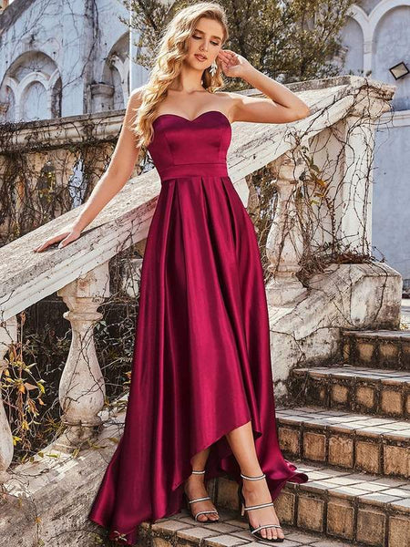 Maroon Wine Strapless Asymmetrical Hem Satin Gown