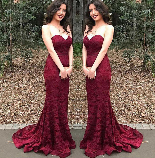 Wine Lace Sweet-Heart Neck Off-Shoulder Gown