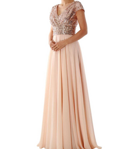 Embellished Sequins V Neck Ruched Flared Maxi