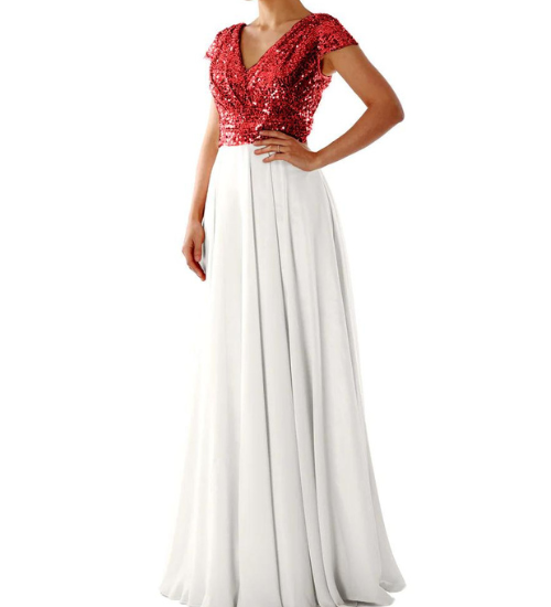 Embellished Sequins V Neck Ruched Flared Maxi