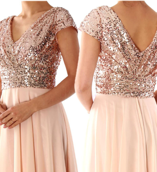 Embellished Sequins V Neck Ruched Flared Maxi