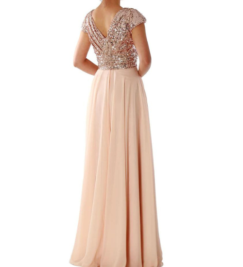 Embellished Sequins V Neck Ruched Flared Maxi