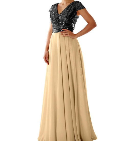 Embellished Sequins V Neck Ruched Flared Maxi