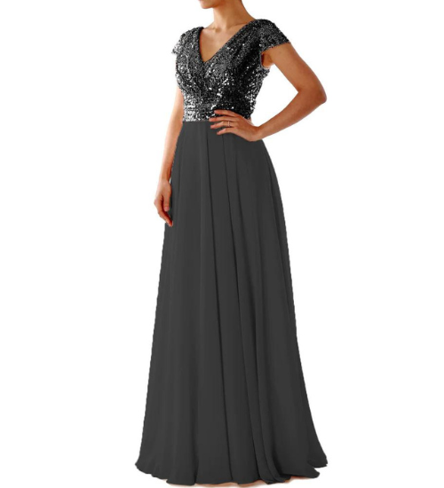 Embellished Sequins V Neck Ruched Flared Maxi