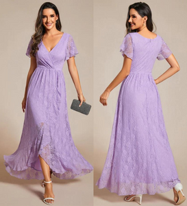 Lavender Ruched V Neck Lace Maxi