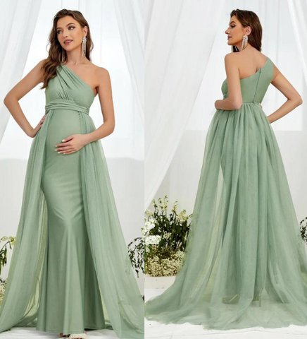 Sage Green One Shoulder Baby Shower Gown