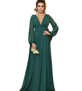 Deep V Neck & Back Long Sleeves Bridesmaid Dress