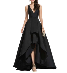Black V-Neck with Ruffles Scuba Asymmetrical Evening Dress