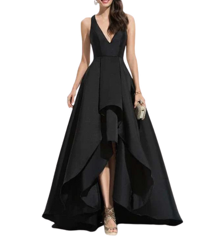 Black V-Neck with Ruffles Scuba Asymmetrical Evening Dress