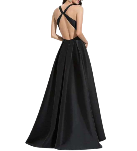 Black V-Neck with Ruffles Scuba Asymmetrical Evening Dress