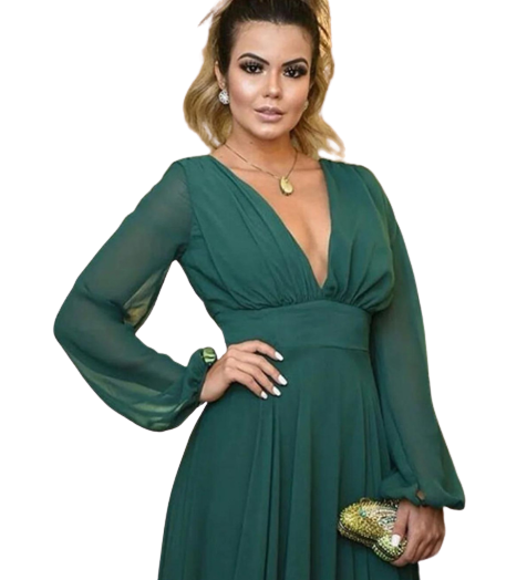 Deep V Neck & Back Long Sleeves Bridesmaid Dress