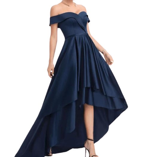 Navy Blue Off-the-Shoulder Satin Asymmetrical Dress – ShObO