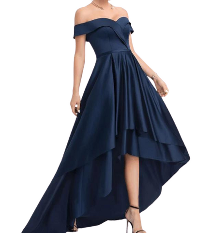 Navy Blue Off-the-Shoulder Satin Asymmetrical Dress