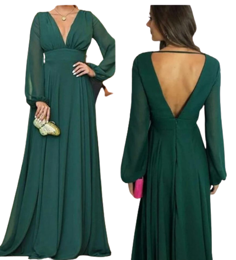 Deep V Neck & Back Long Sleeves Bridesmaid Dress