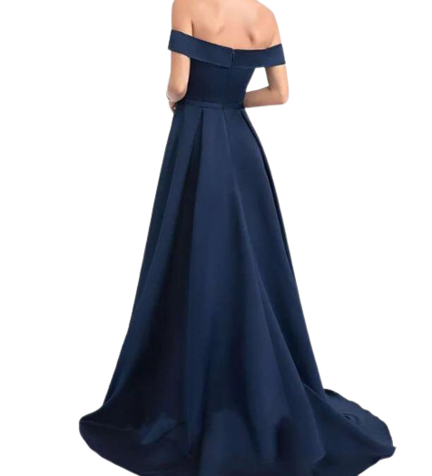 Navy Blue Off-the-Shoulder Satin Asymmetrical Dress – ShObO