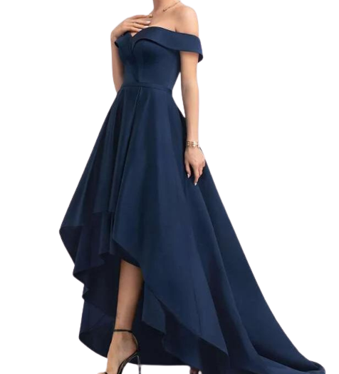 Navy Blue Off-the-Shoulder Satin Asymmetrical Dress – ShObO
