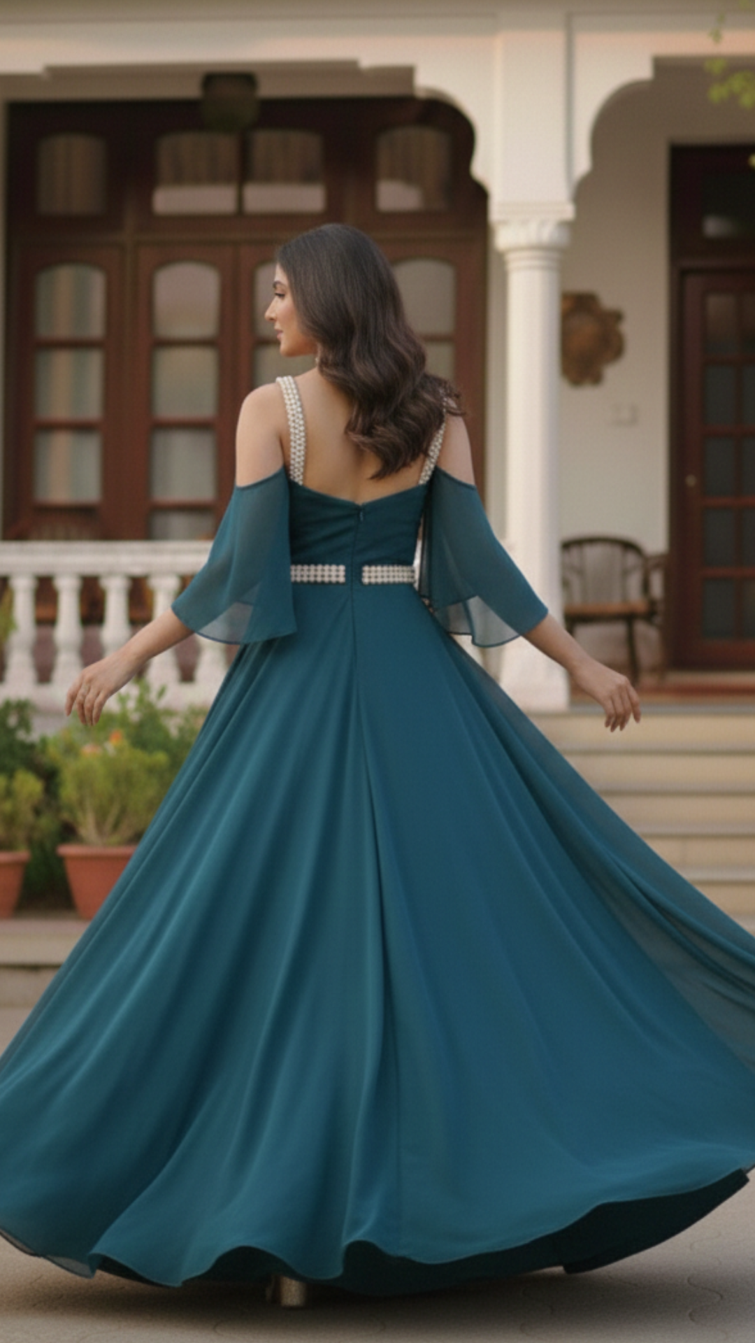 Teal Cold Shoulder Pearl Detailed Flared Maxi