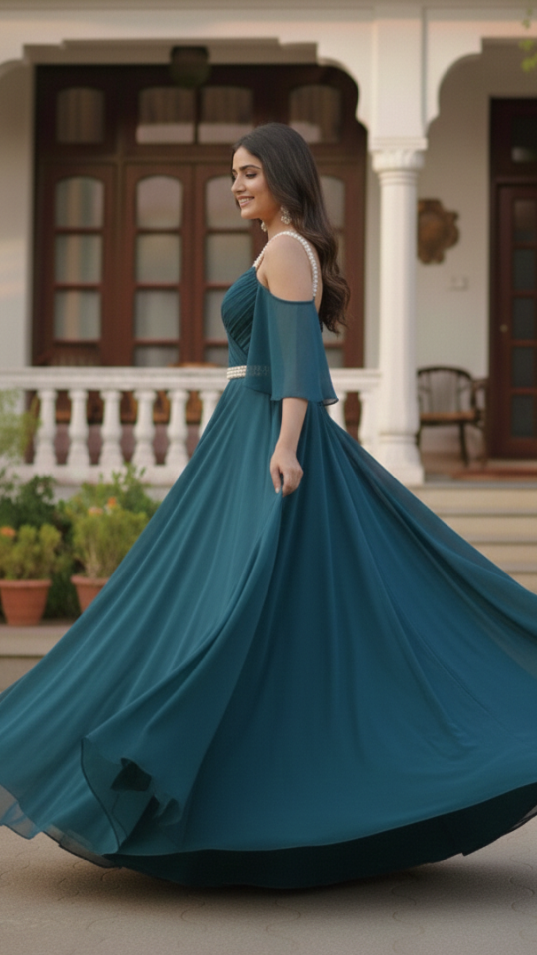 Teal Cold Shoulder Pearl Detailed Flared Maxi