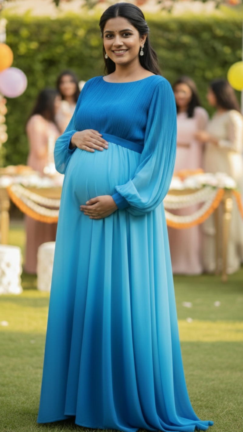 Blue Bloom Boat Neck Baby Shower Gown