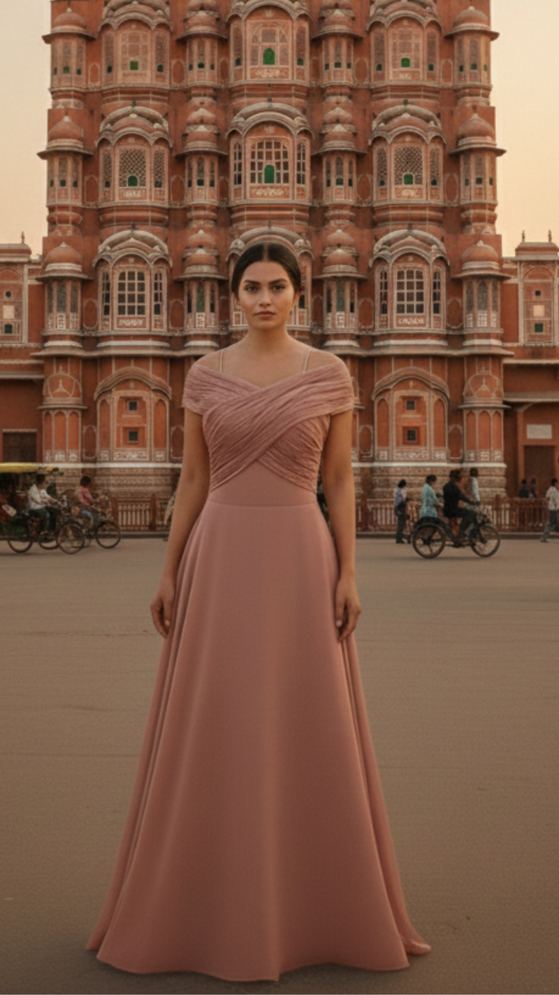 Dusty Pink Cross Neck Ruched Flared Gown