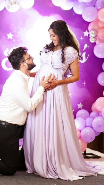 Lilac Ruched Cape Sleeves Baby-Shower Satin Gown