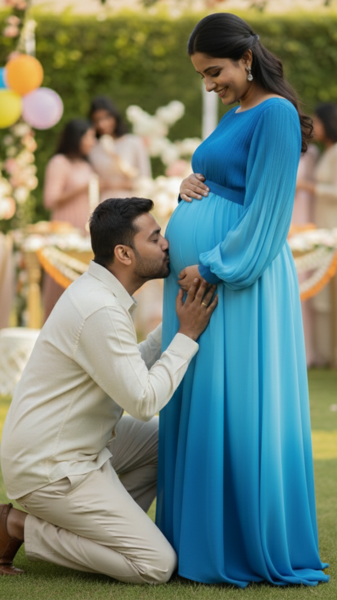 Blue Bloom Boat Neck Baby Shower Gown