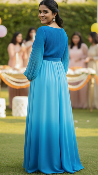 Blue Bloom Boat Neck Baby Shower Gown