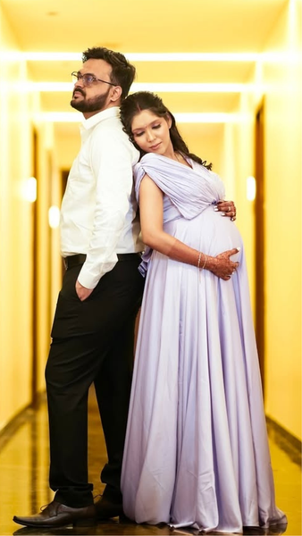 Lilac Ruched Cape Sleeves Baby-Shower Satin Gown