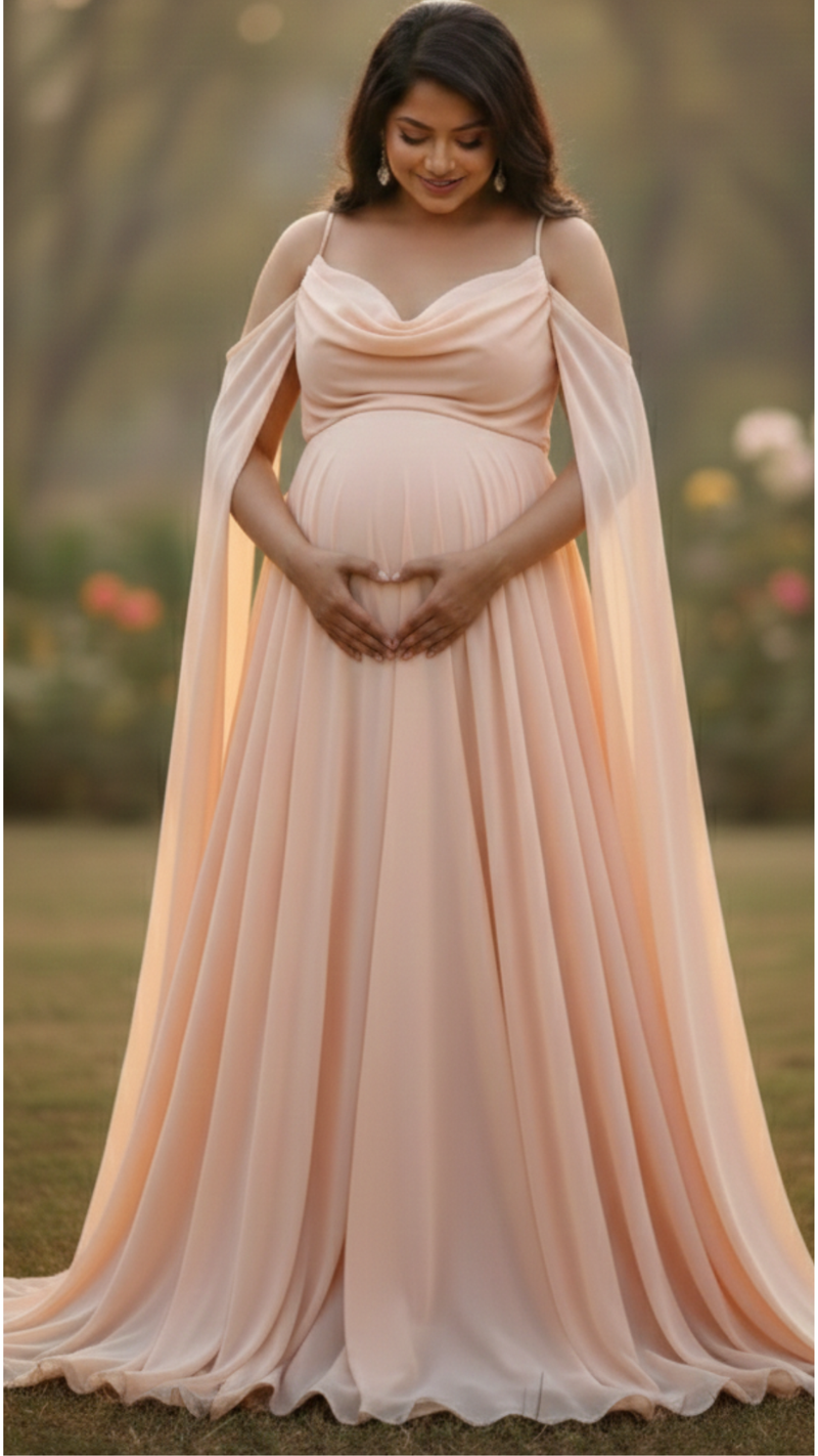 Pastel Peach Cold Sleeves Baby Shower Gown