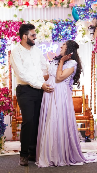 Lilac Ruched Cape Sleeves Baby-Shower Satin Gown