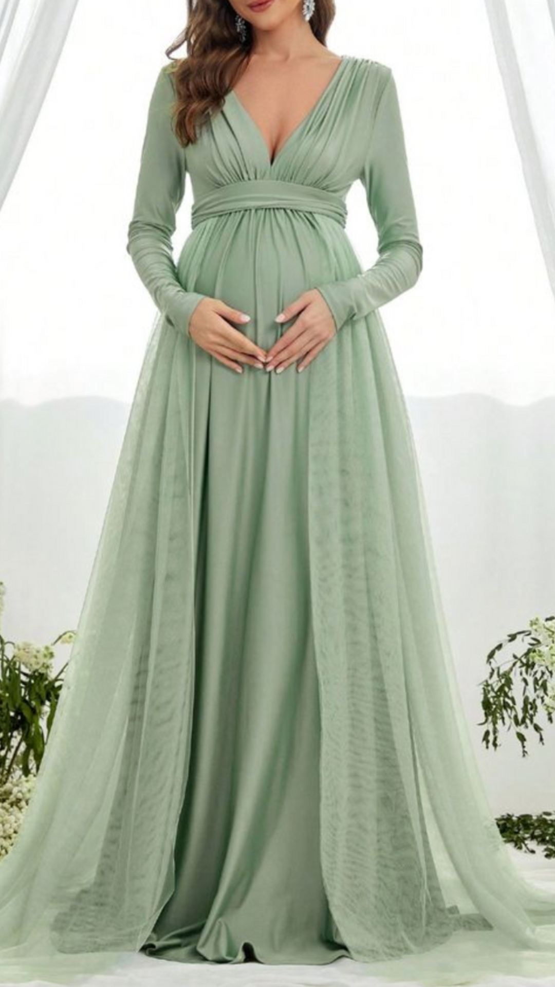 Sage Green V Neck Full Sleeves Baby Shower Gown – ShObO