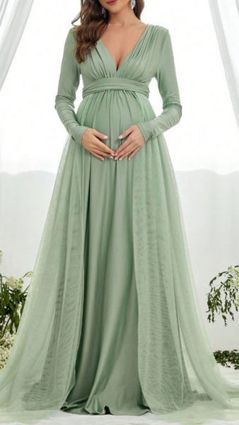 Sage Green V Neck Full Sleeves Baby Shower Gown