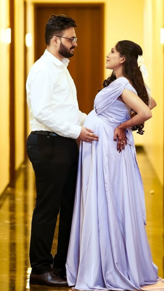 Lilac Ruched Cape Sleeves Baby-Shower Satin Gown