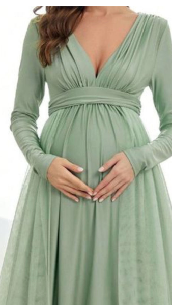 Sage Green V Neck Full Sleeves Baby Shower Gown