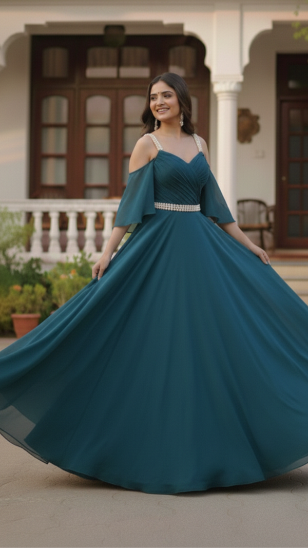Teal Cold Shoulder Pearl Detailed Flared Maxi