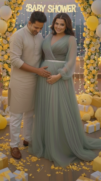 Sage Green Surplice Neck Embellished Belt Baby Shower Gown