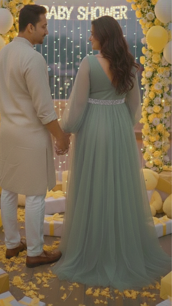 Sage Green Surplice Neck Embellished Belt Baby Shower Gown