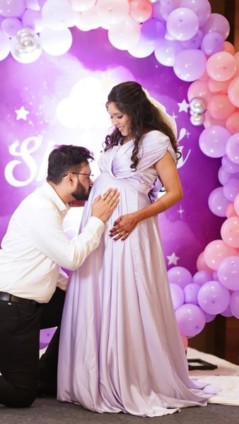 Lilac Ruched Cape Sleeves Baby-Shower Satin Gown