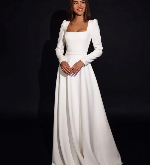 White Square Neck Puff Sleeves Maxi Gown - Main Image